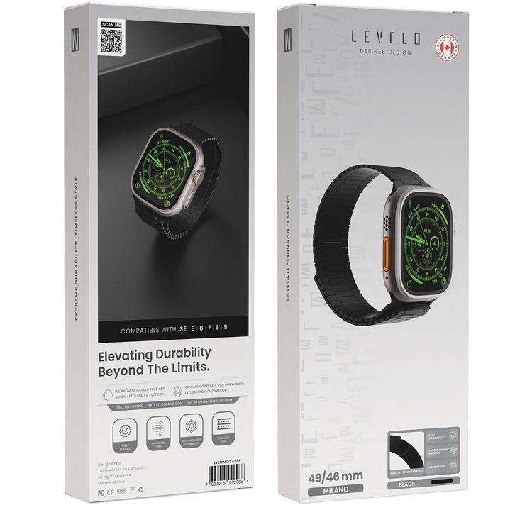 حزام ساعة ليفيلو ميلانو لساعة ابل 49/46 ملم، خفيف الوزن ومتين للغاية، وصلات قابلة للتعديل، مادة لا تسبب الحساسية، تكنولوجيا مضادة للأكسدة - أسود