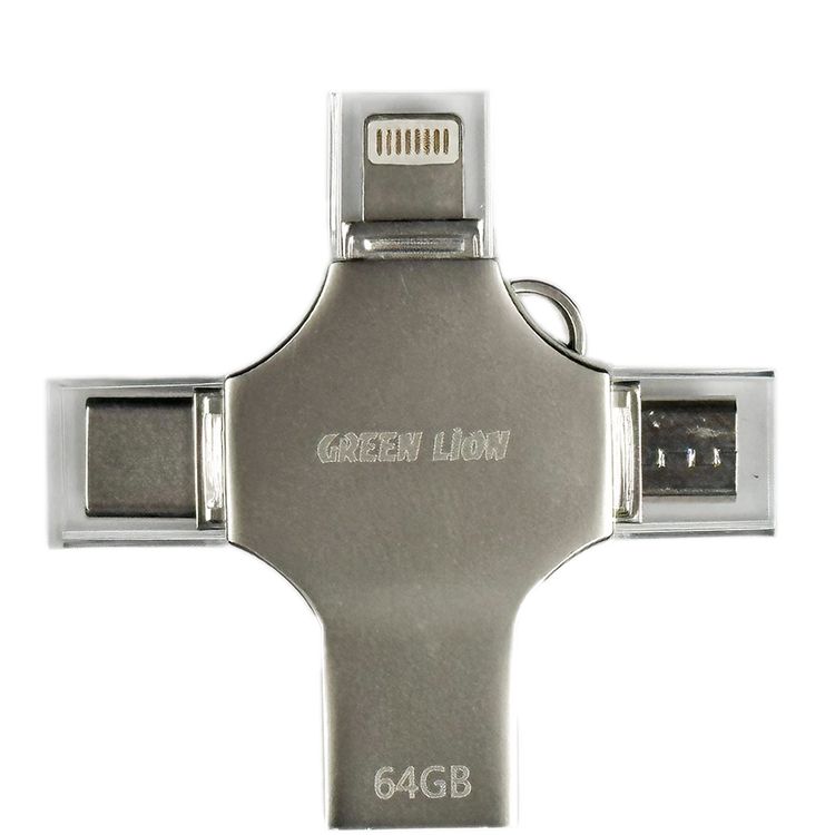 Green Lion 4-in-1 USB Flash Drive 64GB with High Speed Data Transfer, USB-A, USB-C, Micro USB & Lightning Connectors - Silver