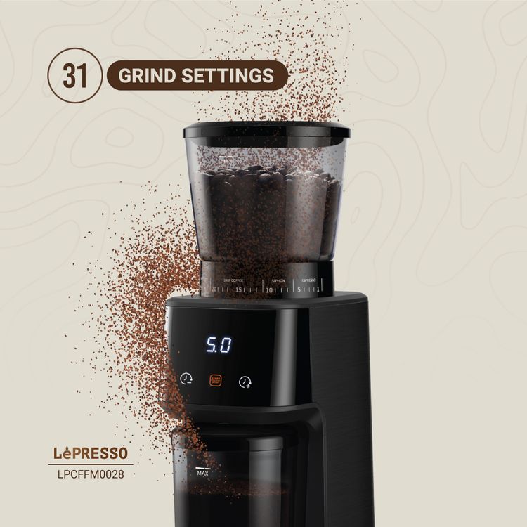 Lepresso Conical Burr Grinder, 275g Bean Hopper Capacity, 99g Chamber Capacity, 31 Grind Settings, User Friendly Interface, Timer Technology - Black