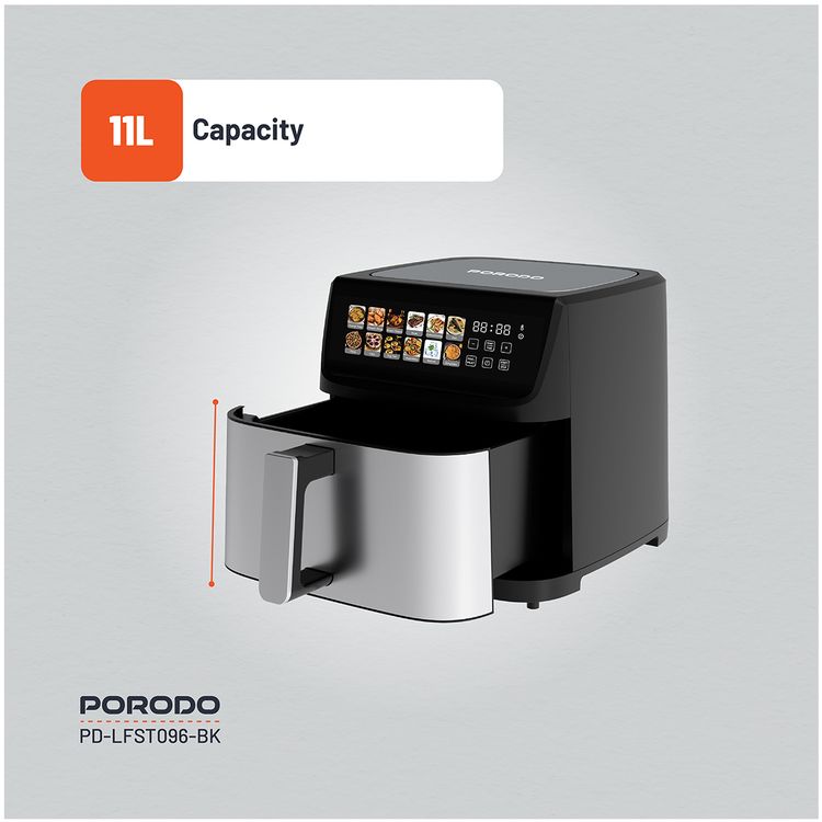 Porodo Lifestyle Dual Mode Air Fryer with Touch Control, 2200W Rated Power, Large Capacity 11L Air Fryer, Automatic Shut-Off, Up to 12 Hours Working Time - Black