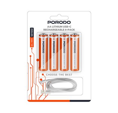 بطارية قابلة لإعادة الشحن من بورودو، مجموعة من 4 بطاريات مع ليثيوم بوليمر AA، سعة 2500 مللي أمبير في الساعة، بمنفذ شحن USB Type-C، وقت شحن يبلغ ساعتين، ودرجة حرارة تشغيل من -20°C إلى +60°C - باللون البرتقالي / الأبيض.