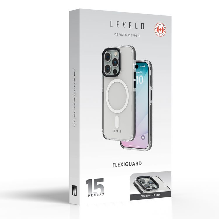 جراب شفاف من Levelo FlexiGuard MagSafe لهاتف iPhone 15 Pro Max، غطاء خلفي شفاف عالي الشفافية، حواف مقاومة للصدمات، مضاد للخدش 3H، متوافق مع MagSafe، حماية من الصدمات، حلقة كاميرا معدنية مرفوعة - أسود