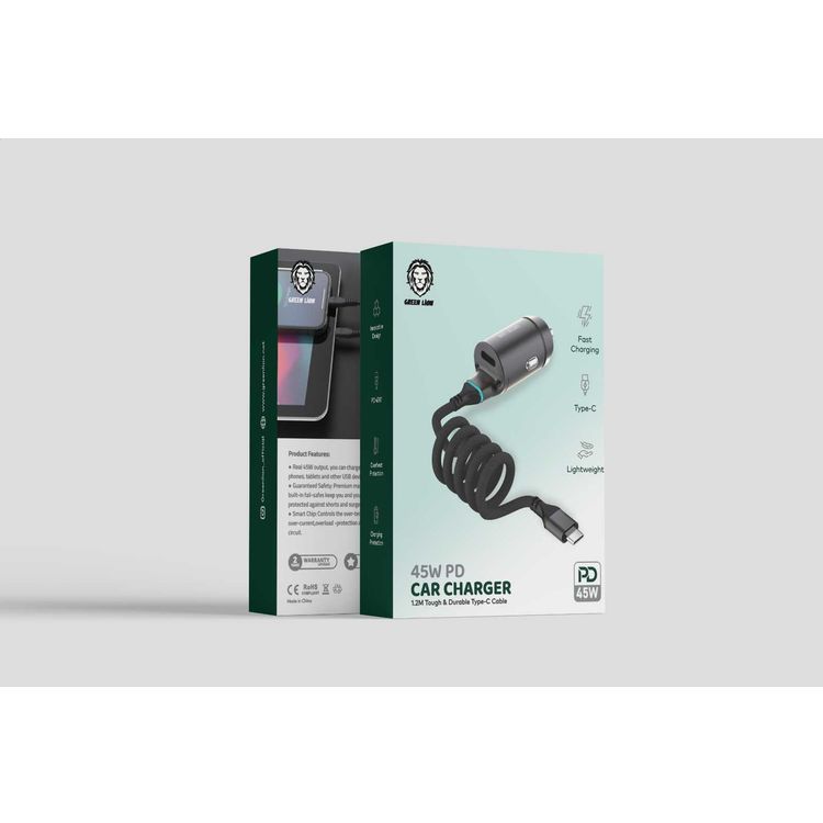 Green Lion 45W PD Car Charger | Built-in Type C Cable - Black