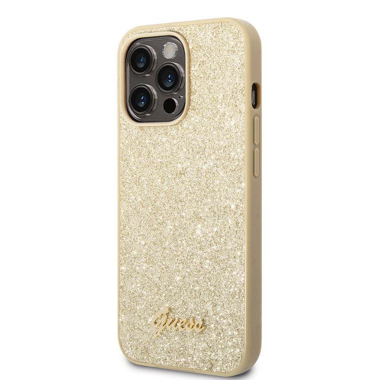 Guess PC/TPU Glitter Flakes Case with Script Metal Logo iPhone 14 Pro Max Compatibility - Gold