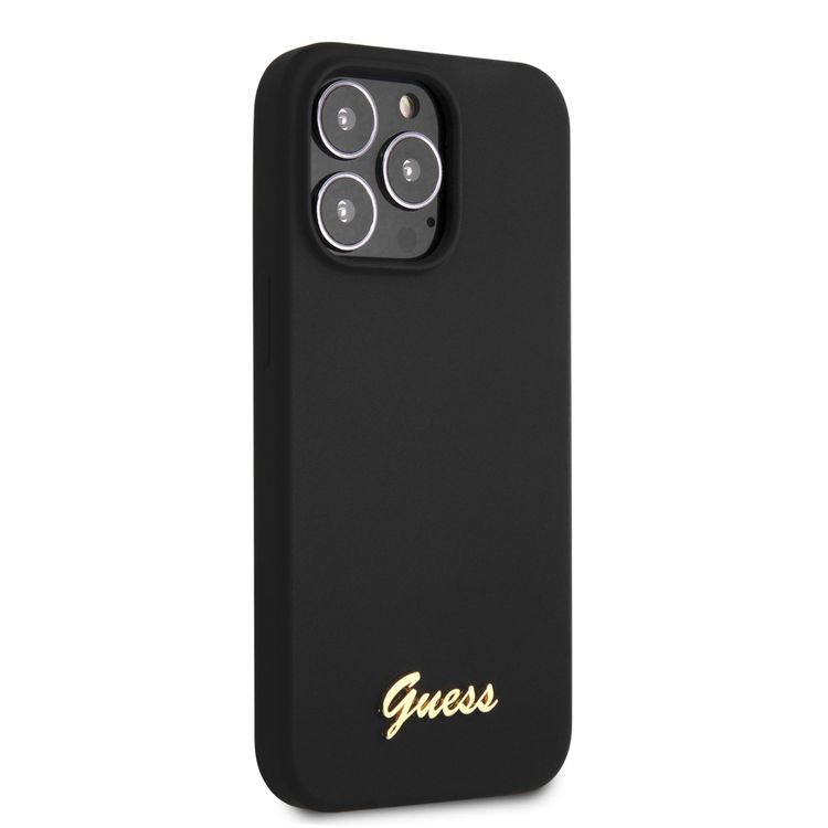 CG MOBILE Guess Liquid Silicone Case with Gold Metal Logo Script Compatible for iPhone 13 Pro (6.1") Anti-Scratch, Easy Access to All Ports, Shock Absorption