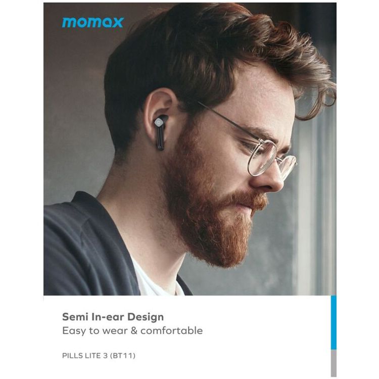 Momax Pills Lite 3 True Wireless Earbuds, Touch Control, Splash and Sweatproof, 35 mAh Battery Capacity, Up to 6 Hours Battery Life - Black