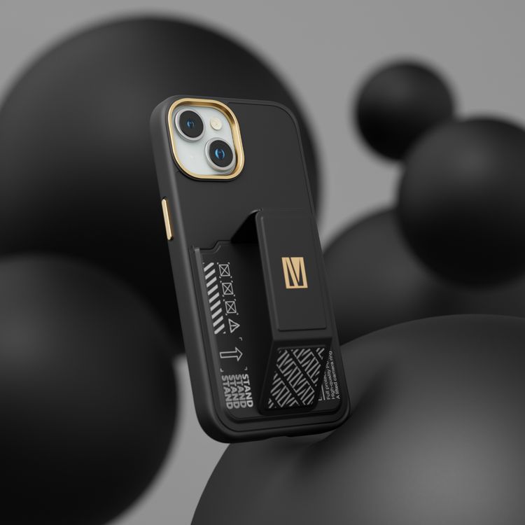 Levelo Morphix Cuero Gripstand Case for iPhone 15 Plus with Cardholder, Multi-Positioning Modes, PU Leather Material, Shock-Proof Edges - Black