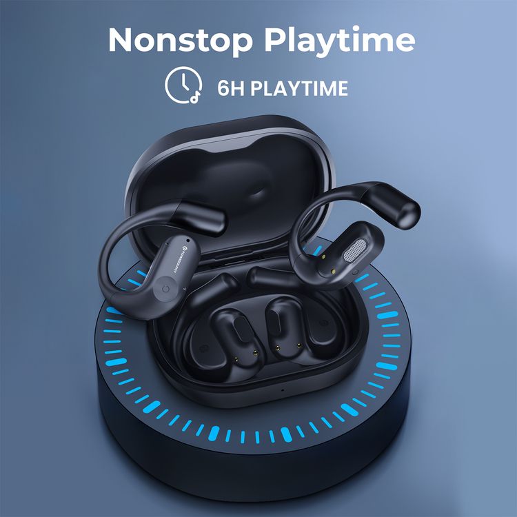 Powerology Air Conduction ENC TWS Earbuds and Charging Case with Digital Display, Bluetooth Version 5.3 - Black