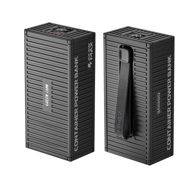 Green Lion Container 30000mAh Power Bank with 4 in 1 Charging Cable, Built-in Flashlight, Digital Display, PD20W Fast Charging, QC3.0 22.5W, Built-in Carry Strap - Black