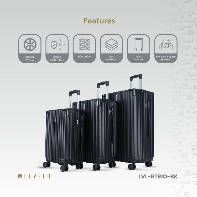 Levelo 3-Set ABS Luggage with Built-in Weighing Scale, Combination Lock, Iron Trolley, Double Wheels, Impact-Resistant Corners & Shock-Resistant, PP & Soft Rubber Handle - Black
