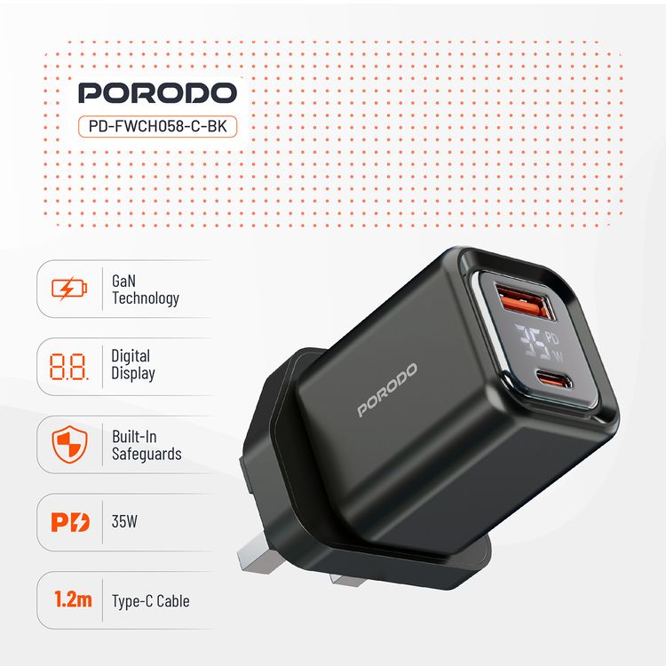Porodo Dual-Port Quick Wall Charger with Type-C to Type-C Included, 35W Power Delivery, Built-in Safeguards, Digital Display, 0.8A Maximum Rated Current, GaN Technology - Black