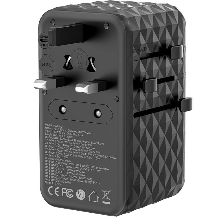 Powerology GaN 170W Universal Charger with 4 Fast Charging Ports & AC Sockets, 140W Power Delivery, Simultaneous Charging, 2500W Rated Power, Spare Fuse Included - Black