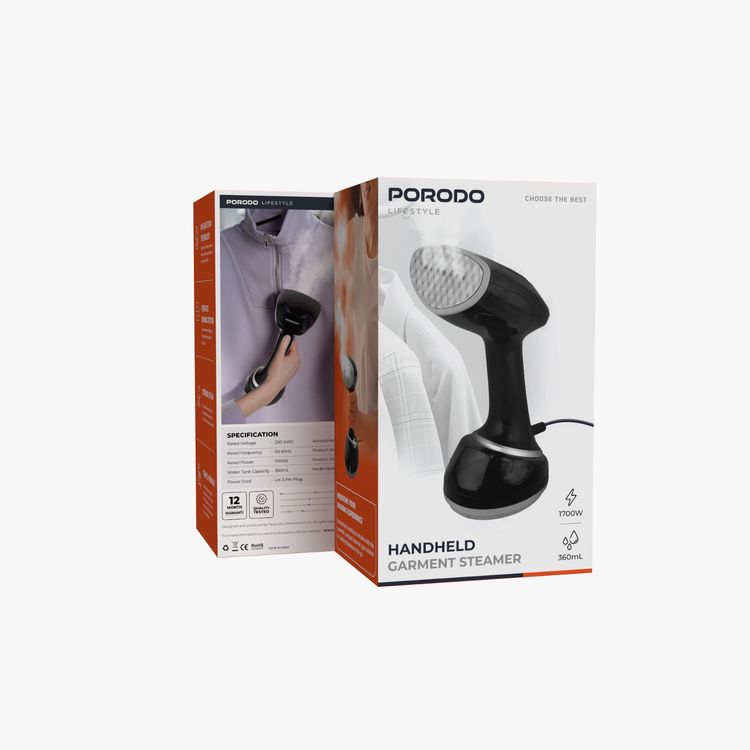 Porodo Lifestyle Handheld Garment Steamer, 360ml Water Tank Capacity, UK 3-Pin Plug Power Cord, 50-60Hz Rated Frequency, 1700W  Rated Power, 230-240V Rated Voltage - Black 