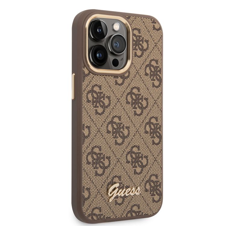 Guess PC/TPU 4G PU Case with Metal Camera Outline & Buttons iPhone 14 Pro Max Compatibility - Brown
