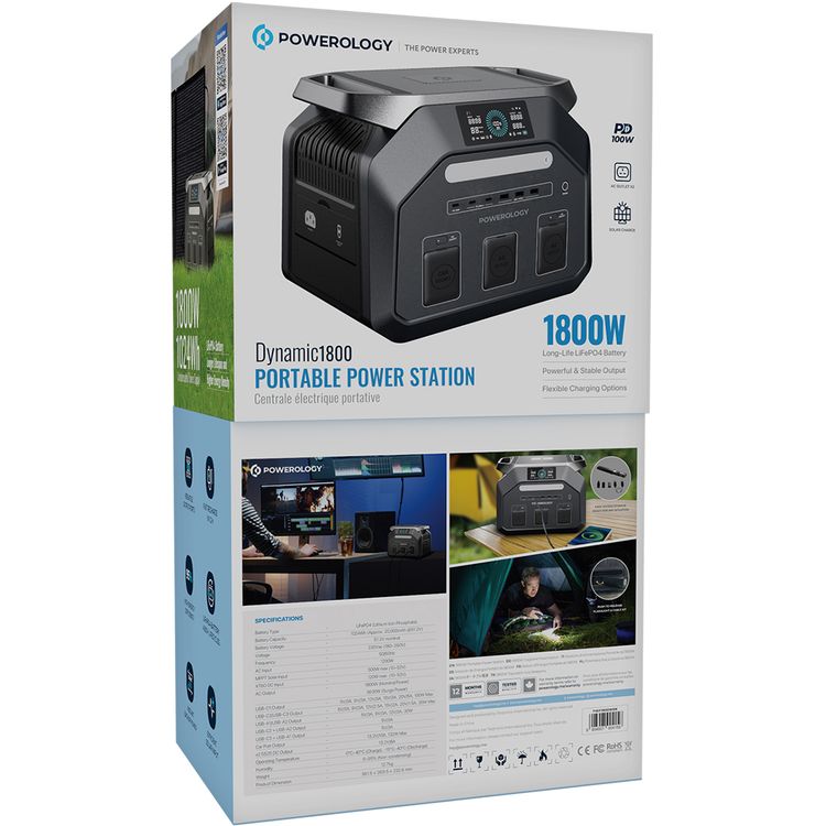 Powerology 1800W Portable Power Station with Flashlight, PD 100W, Carry-Handle, Solar Charger, 1.2 Hours Fast Charging Time, ×3 USB-C, ×3 USB-A, Car Socket, ×2 AC Outlet & DC Ports, Easy-Access Storage, Smart LCD Screen - Black