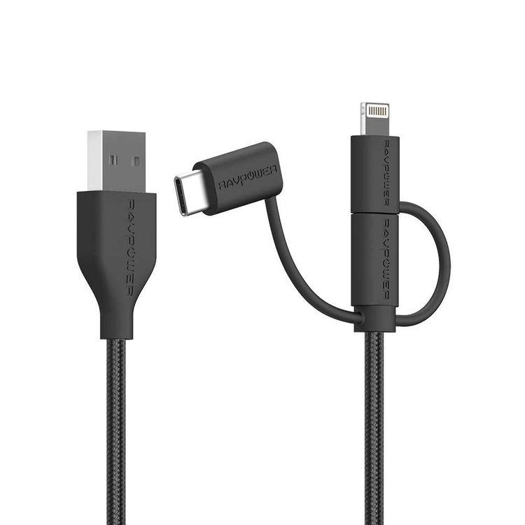 RAVPower Braided Nylon 3 in 1 Data Cable 3ft/0.9m - Durable Connector - Multi USB Charging Cable Compatible for iPhone Lightning / Type-C / Micro Smartphones - Black