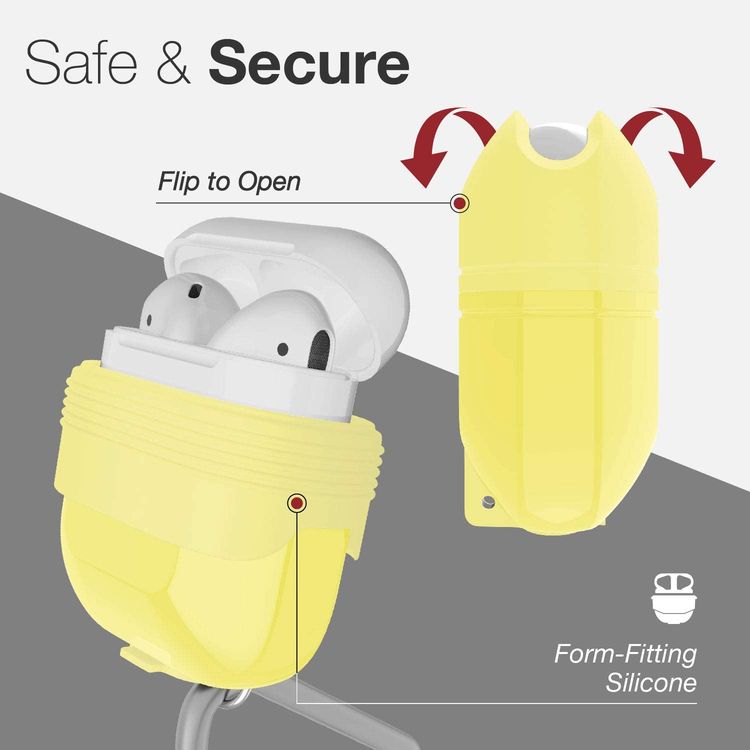X-Doria Defense Journey Case for AirPods 1 & 2 with Detachable Carabiner & Loop, TPU & Silicone Material, Water & Dust Resistant, 360-Degree Full Protection, Anti-Scratch - Yellow