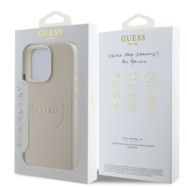 Guess Magsafe PU Grained with Gold Ring and Logo Case for iPhone 16 Pro, High Quality Material, Comfortable and Secure Grip, Lightweight - Beige