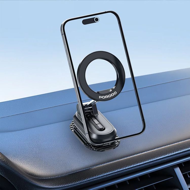 Porodo GripFold MagSafe Rotatable Car Mount with 360° Full Rotation, Horizontal & Vertical Viewing, N52 Powerful Magnetic Hold, One-Handed Operation, Lightweight & Compact Design - Black