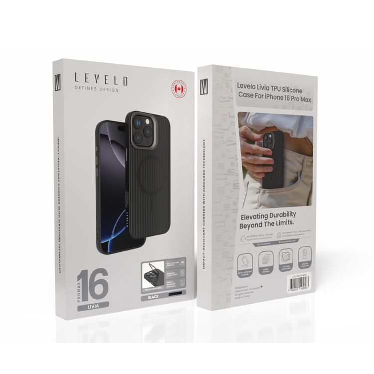 Levelo Livia Case for iPhone 16 Pro Max with MagSafe Compatibility, Impact-Resistant Corners, Built-in Kickstand, TPU with Silicone Surface, Metal Camera Ring - Black