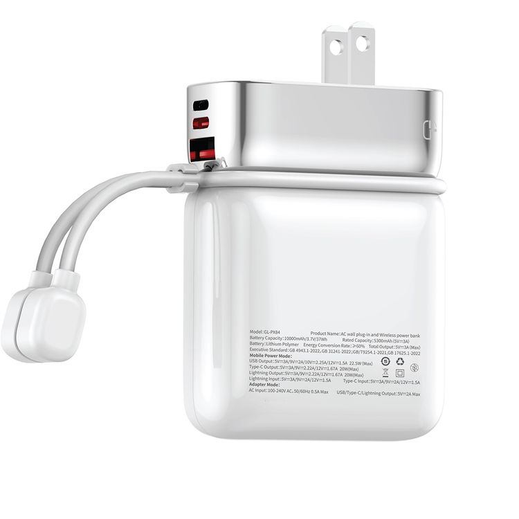 Porodo Dyno 2-in-1 10000mAh Power Bank & Adapter with PD 20W Fast Charging, Digital Display, UK Plug, EU Plug, Lightning Input/Output, Flight Approved, Detachable Cables - White