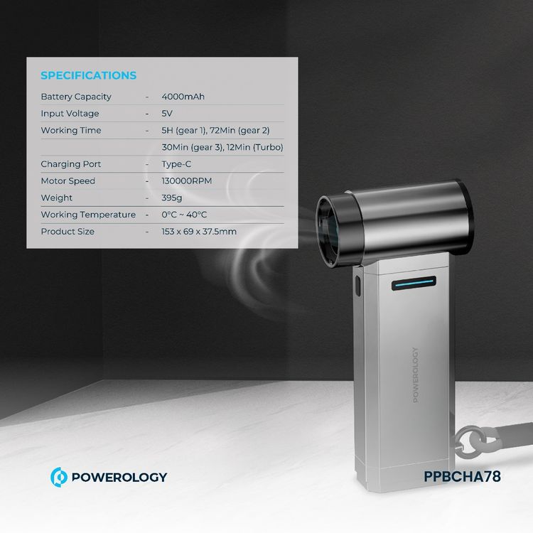 مروحة ومكنسة باورولوجي تيربو جيت مع 4 مستويات سرعة، مؤشر بطارية، تصميم محمي ببراءة اختراع، عمر بطارية ممتد، منفذ شحن Type-C - فضي