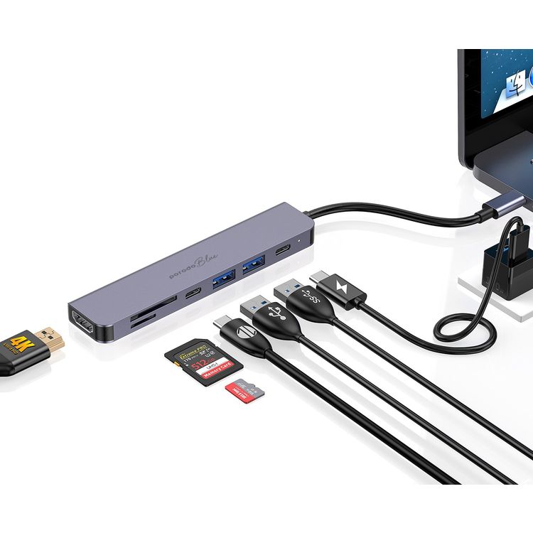 Porodo Blue 7 Ports USB-C HUB 4K HDMI & Dual USB-C, 100W PD, Card Reader, Plug and Play, Hot Swappable, Windows/Mac OS/Android - Gray