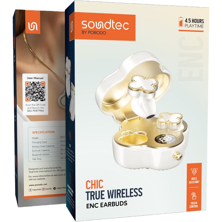 Porodo Soundtec Chic True Wireless Earbuds with ENC, Up to 4.5 Hours Working Time, Bluetooth Version 5.4, 10m Transmission Range, Omnidirectional Microphone, Immersive Audio, Ergonomic Fit, Includes 18cm Chain - White