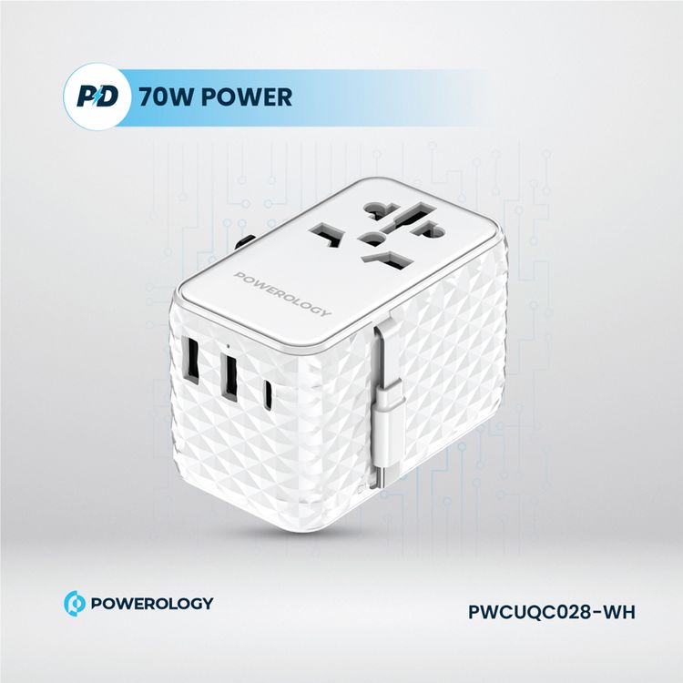 Powerology GaN 20W PD Universal Adapter with Retractable Type-C Cable, Simultaneous Charging, Includes Spare Fuse, Built-In Safeguard - White