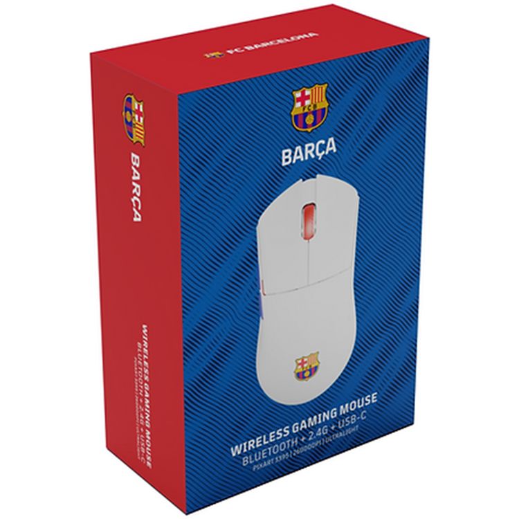 FC Barcelona MR59 3-in-1 Wireless Gaming Mouse with Up to 120 Hours Working Time, Up to 26000 Adjustable DPI Level, Bluetooth 5.0, Wireless 2.4G & Type-C Wired Connectivity - White