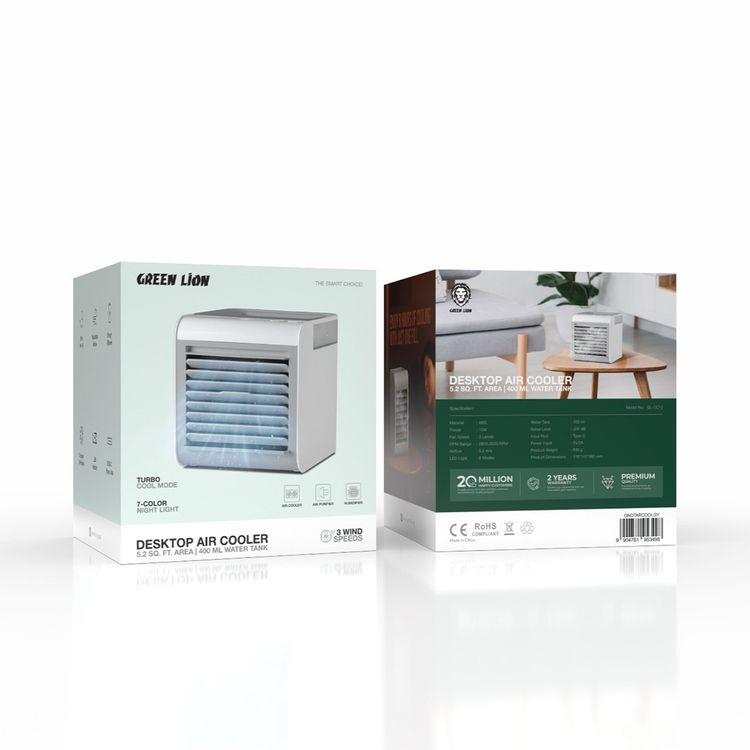 Green Lion Desktop Air Cooler with Turbo Cool Mode, 3 Levels Fan Speed, 8 LED Light Modes, Up to 8 Hours Working Time, 400mL Capacity, 10W Power, 2800-3000 RPM Range, Adjustable Airflow, USB-C Input Port - Gray