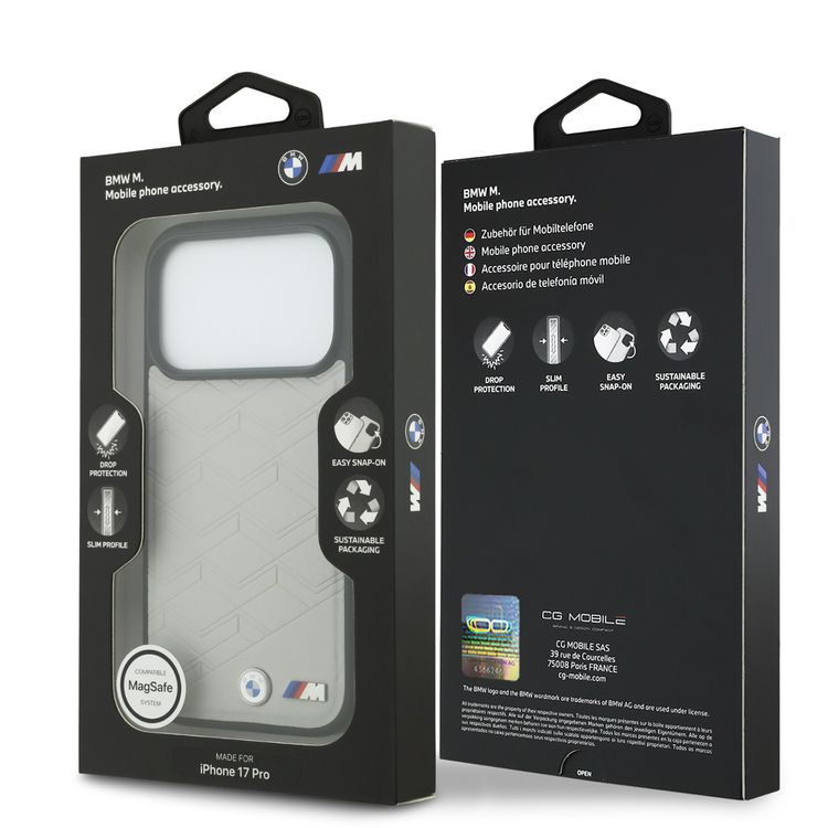 حافظة جلدية على شكل مقعد من BMW بتقنية MagSafe مع شعارات معدنية لهاتف iPhone 17 Pro، بتصميم نحيف، وسهولة في التركيب، وتغليف مستدام، وحماية من السقوط - رمادي