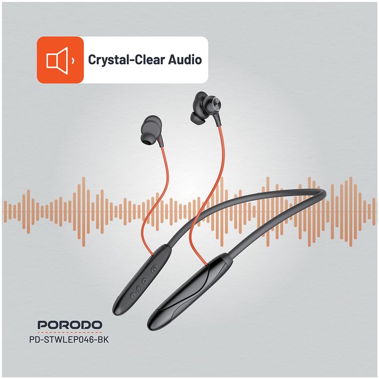 Porodo Echo Flex Magnetic Buds with Hall-Switch Technology, ENC, Crystal Clear Audio, High-Clarity Microphone, Patented Design - Black