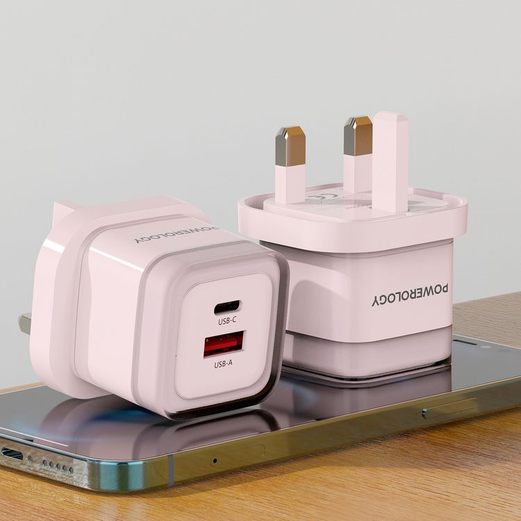 Powerology Lunex Dual-Port Fast Charging Adapter with USB-C & USB-A Ports, 35W Power Delivery, 22.5W USB-A Output, UK 3-Pin Plug, Universal Protocol Support, Multi-Device Charging - Pink