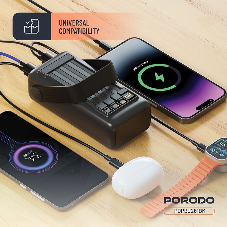 Porodo Lara 30000mAh Power Bank with Flashlight, Portable Handle, PD 20W, Fast Charging, ×2 USB-A & USB-C & Micro Ports, 4 Integrated Cables, Universal Compatibility - Black