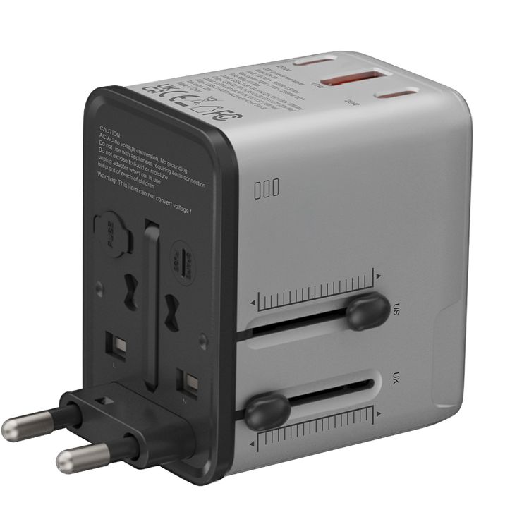 Porodo 2300W Universal Travel Adapter with PD 20W, QC 18W, USB-A & Dual USB-C Ports, Multiple Device Charging, EU / UK / US Power Plugs, Universal Compatibility - Silver / Black