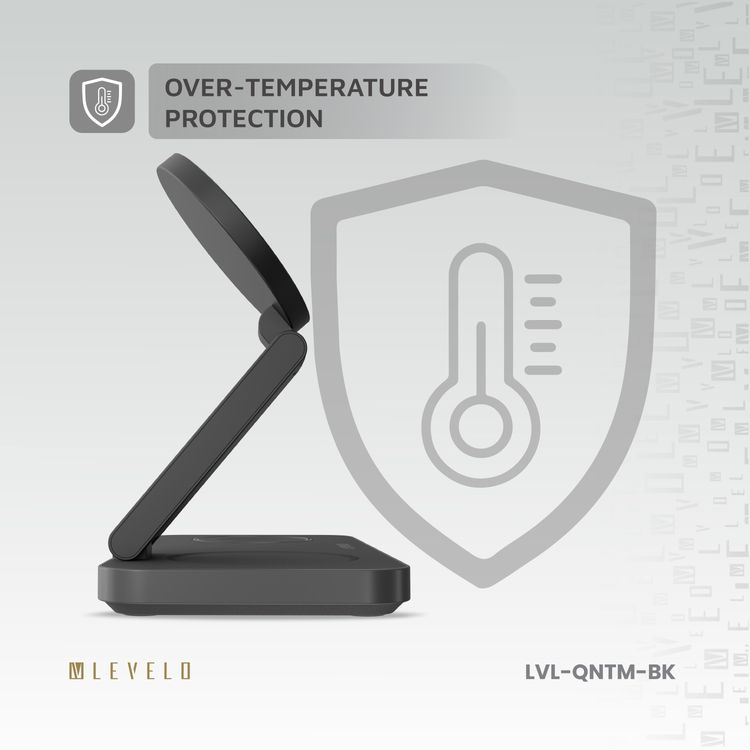 Levelo Quantum 3-in-1 Wireless Charger with 15W Phone Output, 5W AirPods Output, 3W iWatch Output, Strong N52 Magnet, LED Indicator, Compatible with MagSafe, Over Temperature Protection, Simultaneous Charging, Over Voltage Protection, Fast Charging, Foldable Design - Black