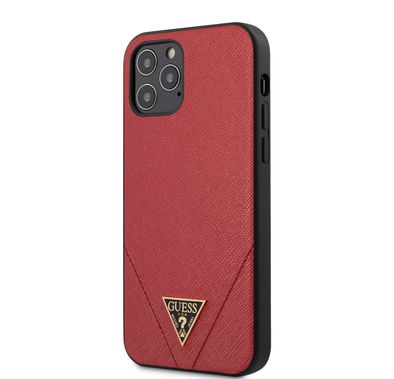 CG Mobile Guess PU Saffiano V Stitched w/ Metal Logo Case, Shock-Absorption & Drop Protection for iPhone 12 Pro Max (6.7") Officially Licensed - Red