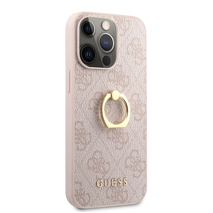 CG MOBILE Guess PU Leather 4G Case with 360° Rotating Ring Grip Holder Stand Compatible for iPhone 13 Pro Max (6.7") Suitable with Wireless Charging Officially Licensed - Pink
