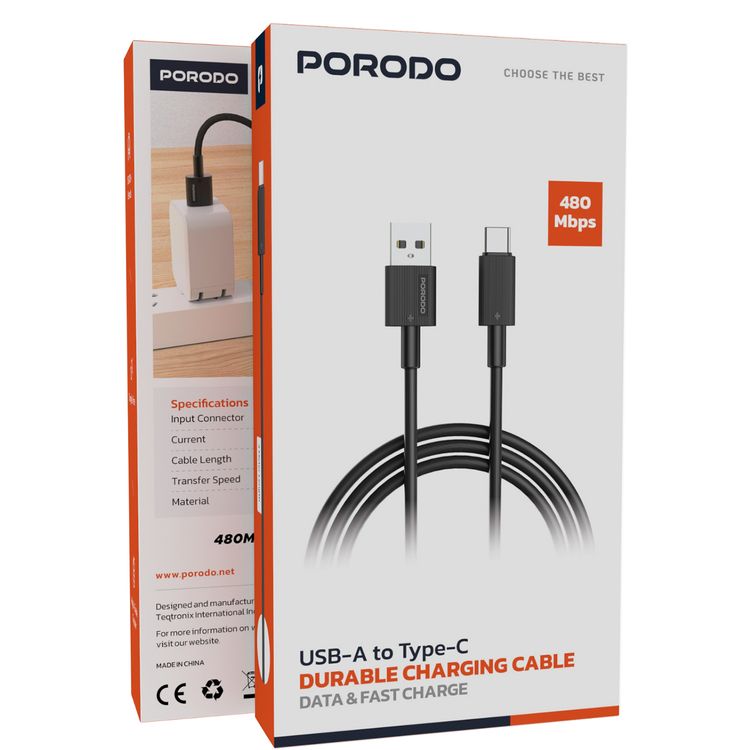 كابل Porodo USB-A إلى USB-C بطبقة PVC، سرعة نقل تصل إلى 480 ميجابت في الثانية، عمر افتراضي لأكثر من 15000 انحناء، طول الكابل 3 أمتار، لا يتشابك - لون أسود.