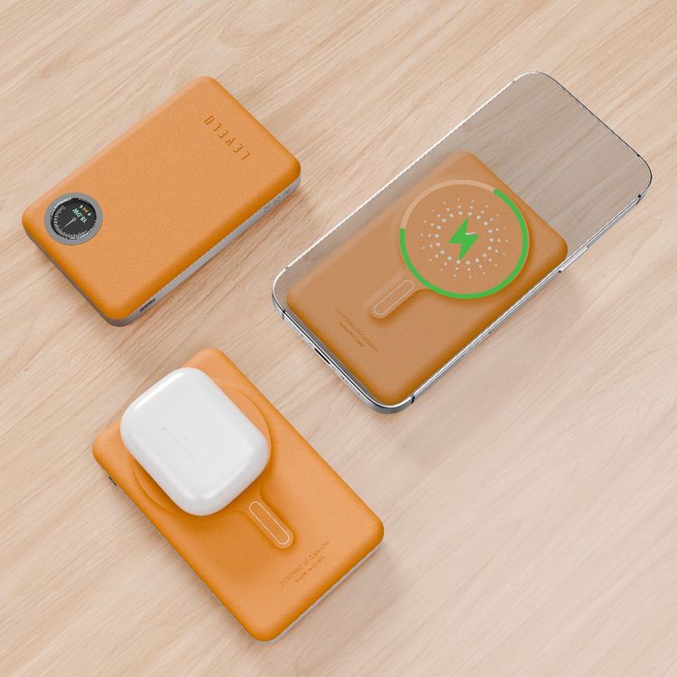 Levelo Marabella MagSafe Leather 10000mAh Power Bank with OLED Battery Status Display, N52 Magnets, 15W Wireless Charging, 20W Power Delivery, Overcurrent Protection - Orange