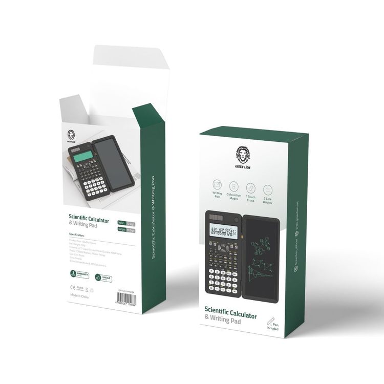 Green Lion Scientific Calculator with Writing Pad & Pen, 8 Calculation Modes & 417 Calculations, One-Click Erase, 12-Digit Input, 10-Digit Output, 2-Line Display, Battery & Solar Power Capable - Black