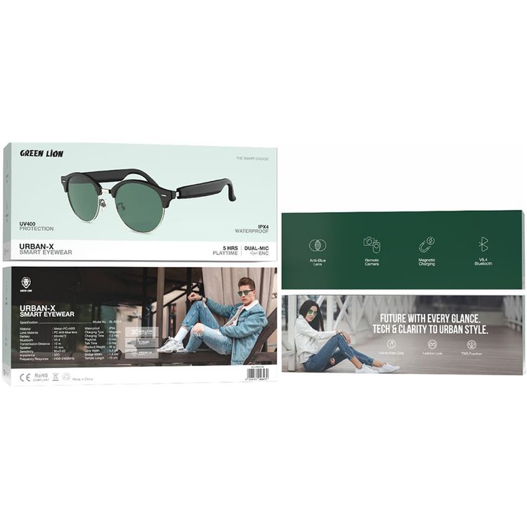نظارة جرين ليون أوربان-إكس الذكية مع حماية UV400، إصدار بلوتوث 5.4، مادة عدسة مقاومة للضوء الأزرق من PC، مادة الإطار من PC و ABS، نوع شحن مغناطيسي، مقاومة للماء بمستوى IPX4، مسافة نقل تصل إلى 10 أمتار، وقت شحن 1.5 ساعة، وقت تشغيل 5 ساعات، تحكم باللمس - باللون الأسود.