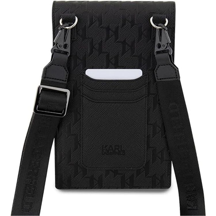 Karl Lagerfeld Saffiano Mono Ikonik Wallet with NFT Logo, Adjustable Shoulder Strap, Multiple Compartments, 3 Card Slots, Water Resistant - Black