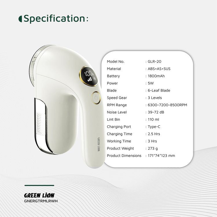Green Lion Ergotrim Digital Fabric Remover with 3-Gear Speed Control, Up to 3 Hours Working Time, 110mL Lint Bin Capacity, 6-Leaf Blade, Honeycomb Mesh Cover, Ergonomic Handle, Safety Protection - White