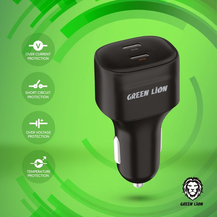 Green Lion Dual Port USB-C Car Charger with 45W Multi-Device Charging, Overcurrent & Short Circuit Protection, Overvoltage Protection, Fast Charging - Black