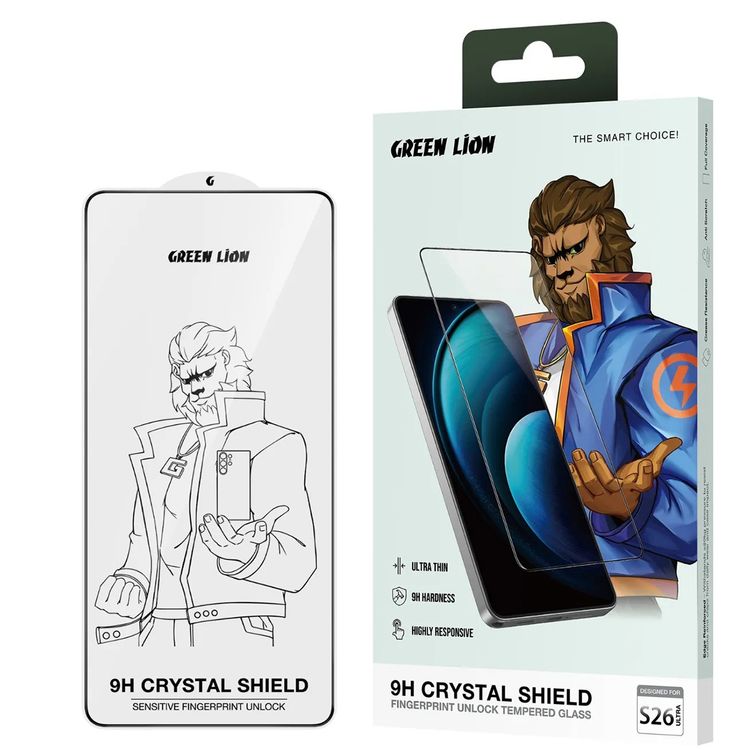 Green Lion 9H Cystal Shield with Seamless Fit, Grease Resistance, Anti Scratch, Full Coverage, Dust-Proof Mesh, Shockproof Design, HD Crystal Clear, Compatible with S26 Ultra Devices - Clear