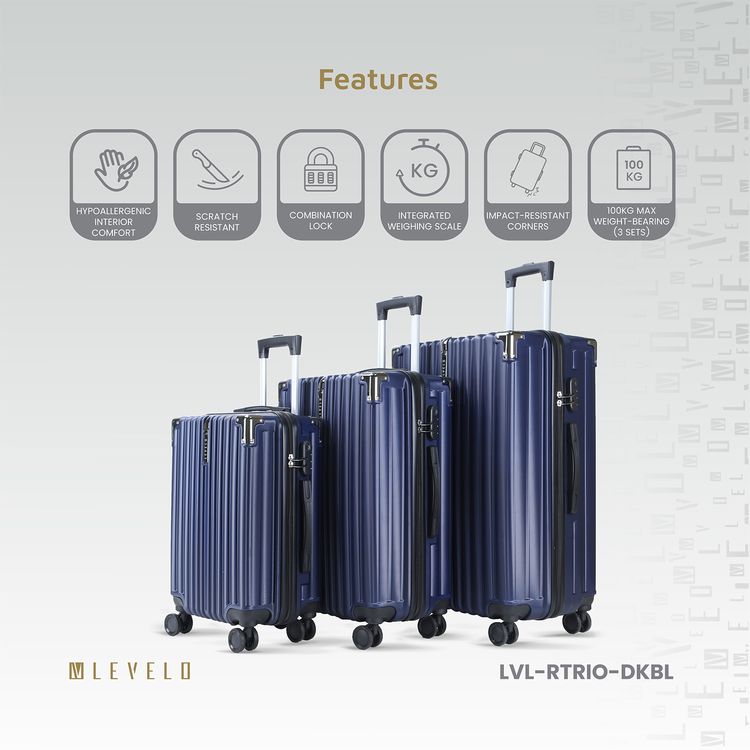 Levelo 3-Set ABS Luggage with Built-in Weighing Scale, Combination Lock, Iron Trolley, Double Wheels, Impact-Resistant Corners & Shock-Resistant, PP & Soft Rubber Handle - Dark Blue