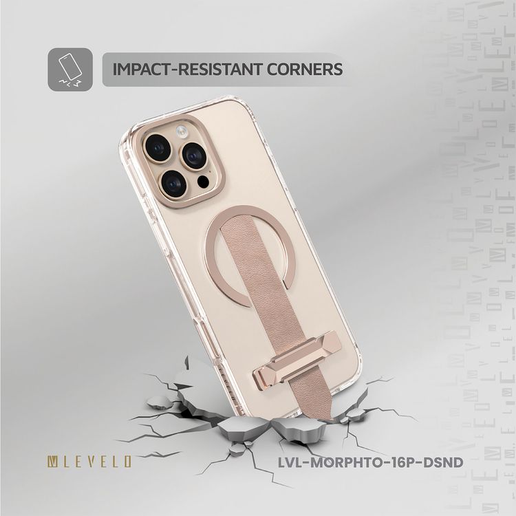 Levelo Morphix Trio Case for iPhone 16 Pro with Built-in Kickstand, Metal Camera Edge, MagSafe Compatible, Impact-Resistant Corners, Grip Strap & Metal Hook, Anti Yellowing - Desert Sand