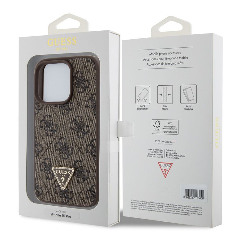 Guess PU Leather Case with 4G Triangle Strass & Triangle Logo - Brown - iPhone 15 Pro